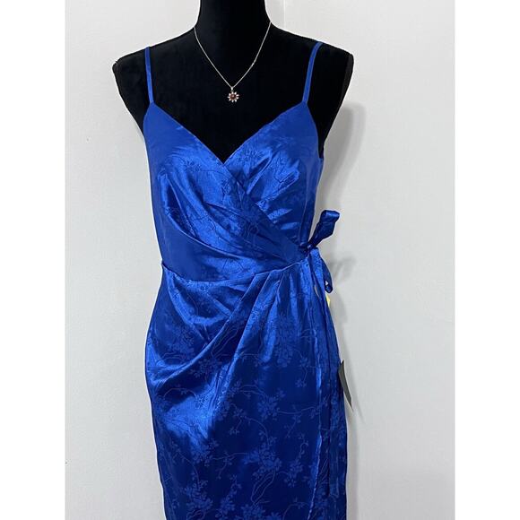 Lulus Royal Blue Satin Floral Jacquard Midi Wrap Dress NWT Small - Picture 7 of 15